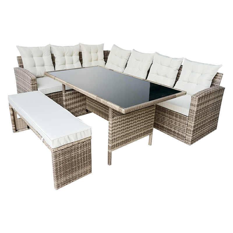 Mehrsitziges Rattan-Patio-Sofa mit langem Tisch, 4-teilig